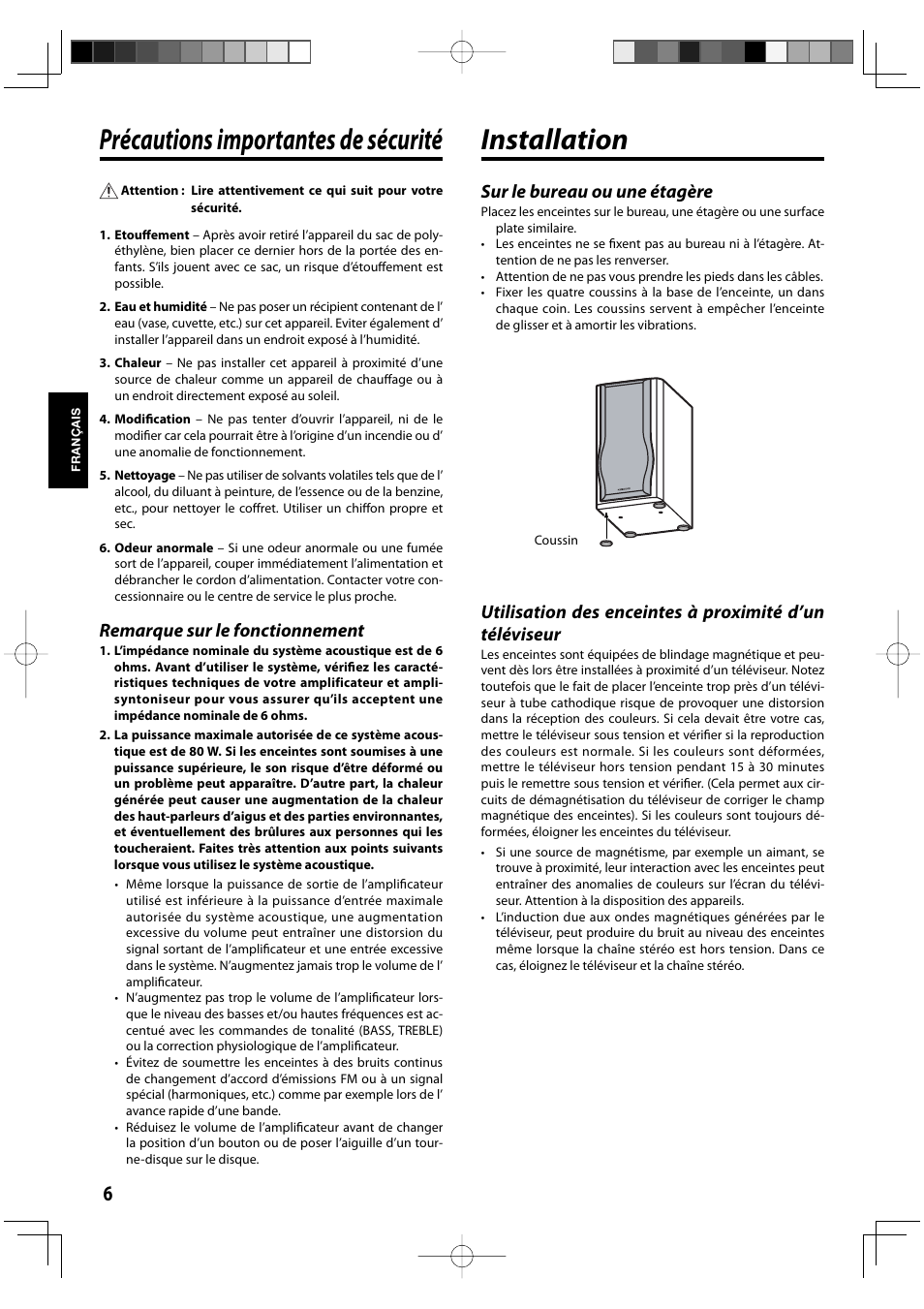 Précautions importantes de sécurité, Installation, Remarque sur le fonctionnement | Sur le bureau ou une étagère | Kenwood K series User Manual | Page 6 / 20