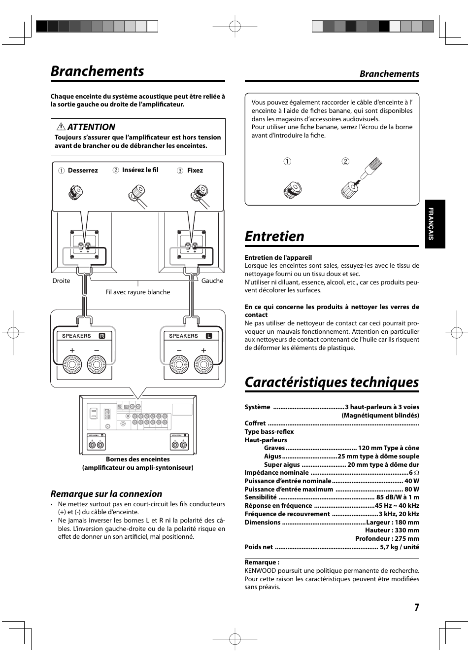 Caractéristiques techniques, Branchements, Entretien | Attention, Remarque sur la connexion | Kenwood K series User Manual | Page 7 / 20