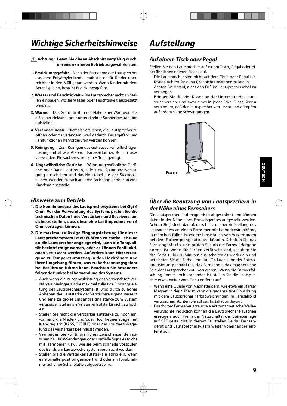 Wichtige sicherheitshinweise, Aufstellung, Hinweise zum betrieb | Auf einem tisch oder regal | Kenwood K series User Manual | Page 9 / 20