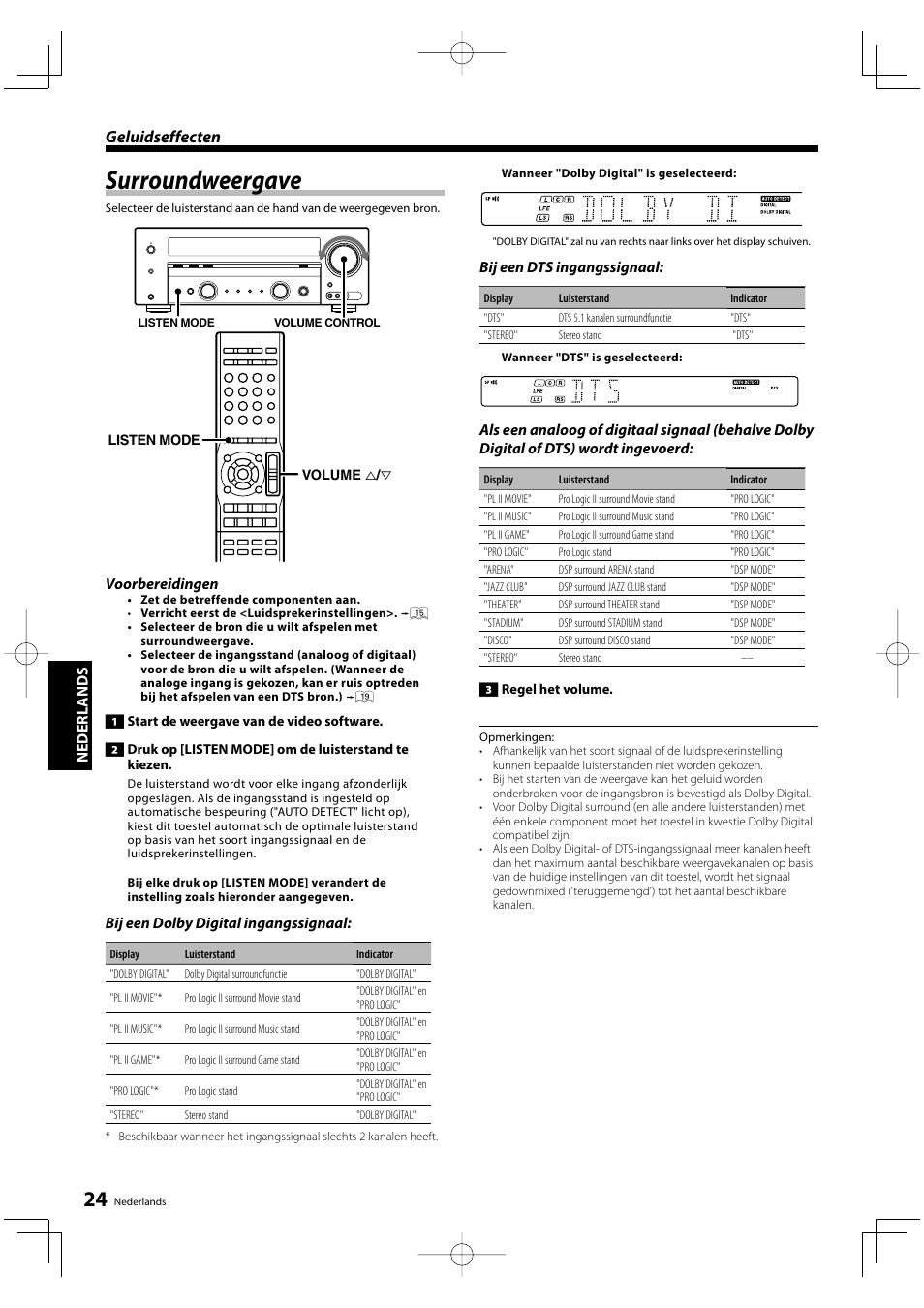 Surroundweergave, Geluidseffecten, Nederl ands | Voorbereidingen, Bij een dolby digital ingangssignaal, Bij een dts ingangssignaal | Kenwood KRF-V5200D User Manual | Page 100 / 192