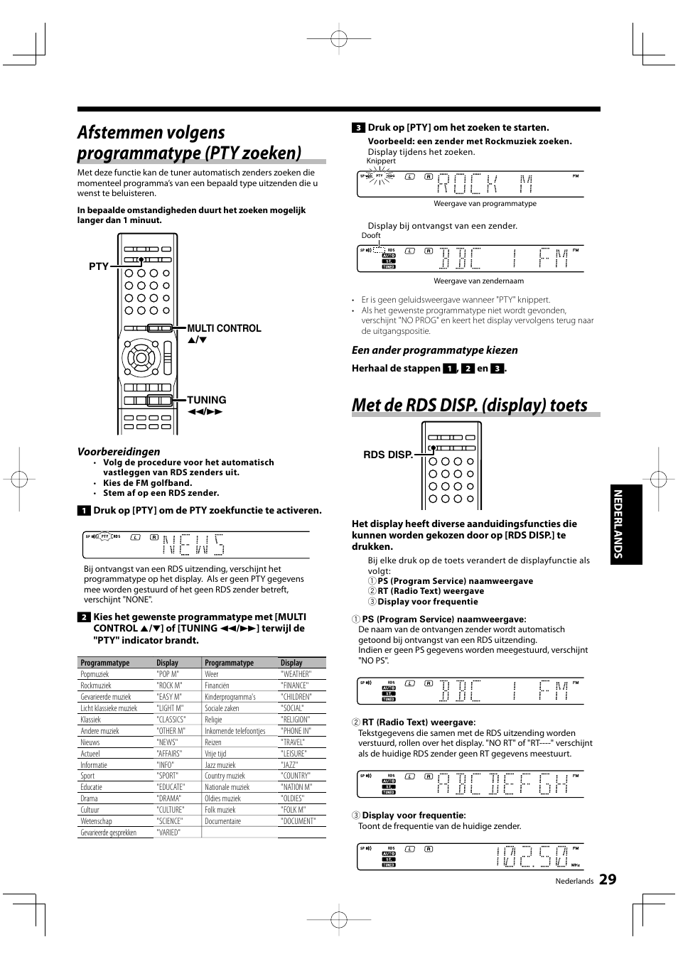 Afstemmen volgens programmatype (pty zoeken), Met de rds disp. (display) toets, Nederl ands | Voorbereidingen, Een ander programmatype kiezen | Kenwood KRF-V5200D User Manual | Page 105 / 192