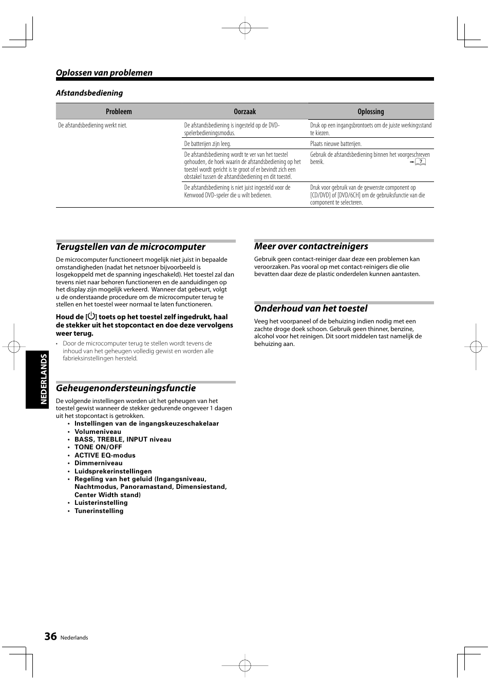 Terugstellen van de microcomputer, Geheugenondersteuningsfunctie, Meer over contactreinigers | Onderhoud van het toestel | Kenwood KRF-V5200D User Manual | Page 112 / 192