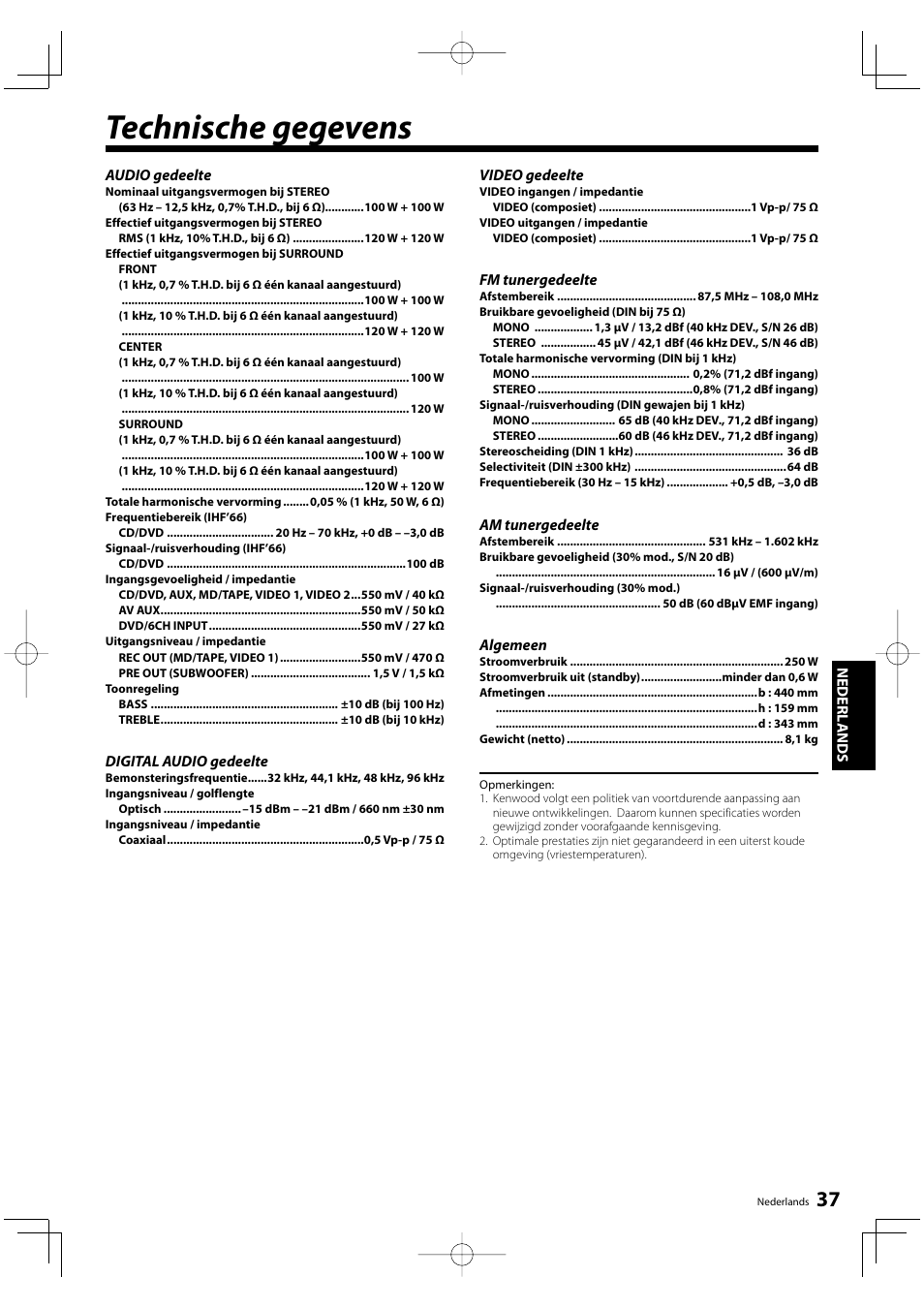 Technische gegevens | Kenwood KRF-V5200D User Manual | Page 113 / 192