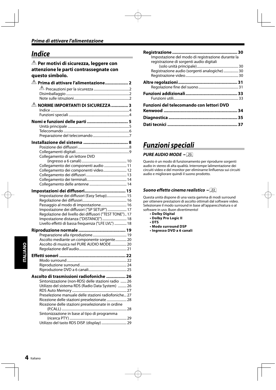 Indice, Funzioni speciali | Kenwood KRF-V5200D User Manual | Page 118 / 192