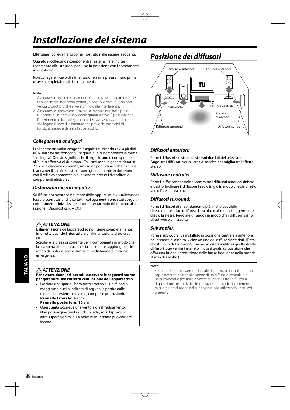 Installazione del sistema, Posizione dei diffusori | Kenwood KRF-V5200D User Manual | Page 122 / 192