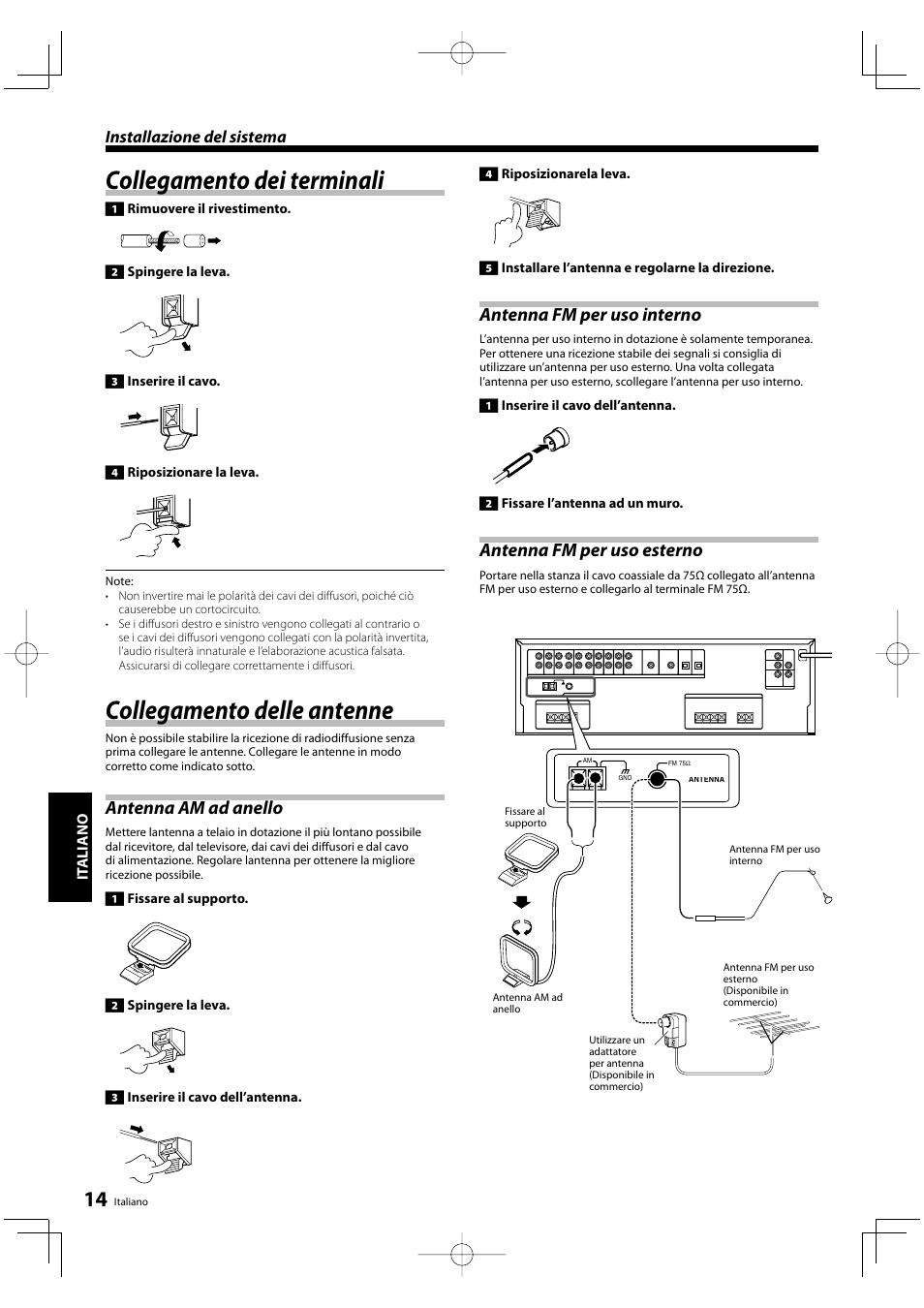 Collegamento dei terminali, Collegamento delle antenne, Antenna am ad anello | Antenna fm per uso interno, Antenna fm per uso esterno, Installazione del sistema | Kenwood KRF-V5200D User Manual | Page 128 / 192