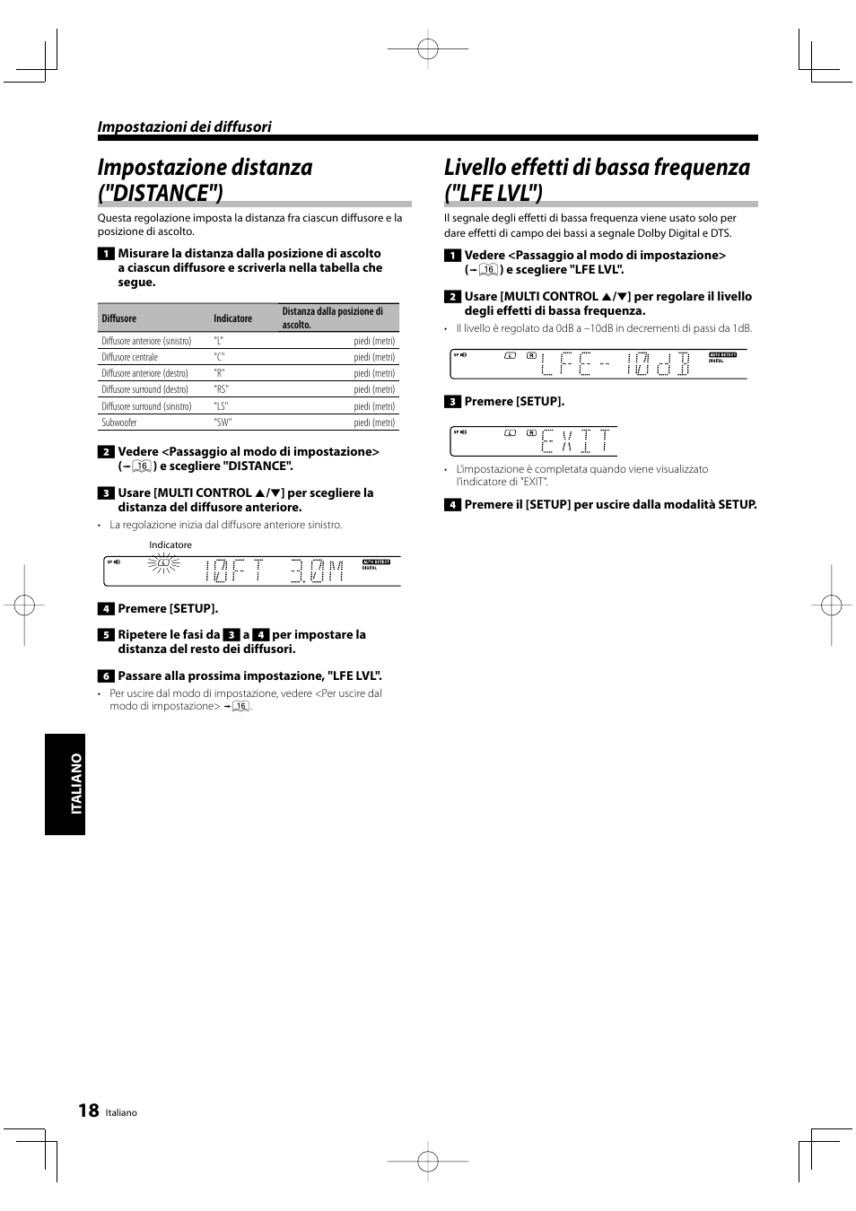 Impostazione distanza ("distance"), Livello effetti di bassa frequenza ("lfe lvl"), Impostazioni dei diffusori | Kenwood KRF-V5200D User Manual | Page 132 / 192