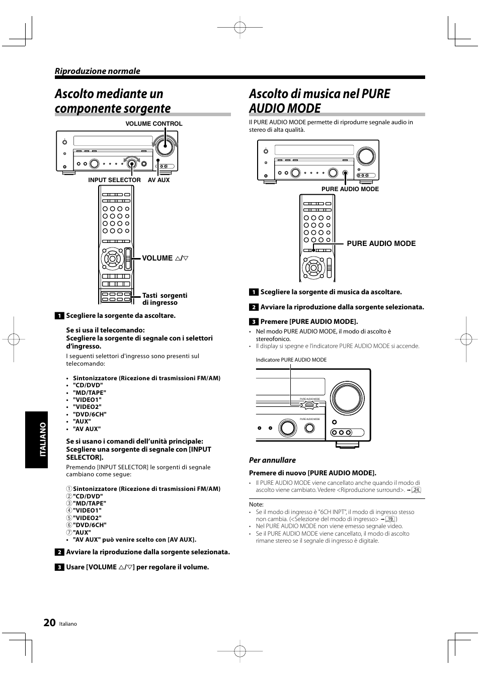 Ascolto mediante un componente sorgente, Ascolto di musica nel pure audio mode, Riproduzione normale | Kenwood KRF-V5200D User Manual | Page 134 / 192