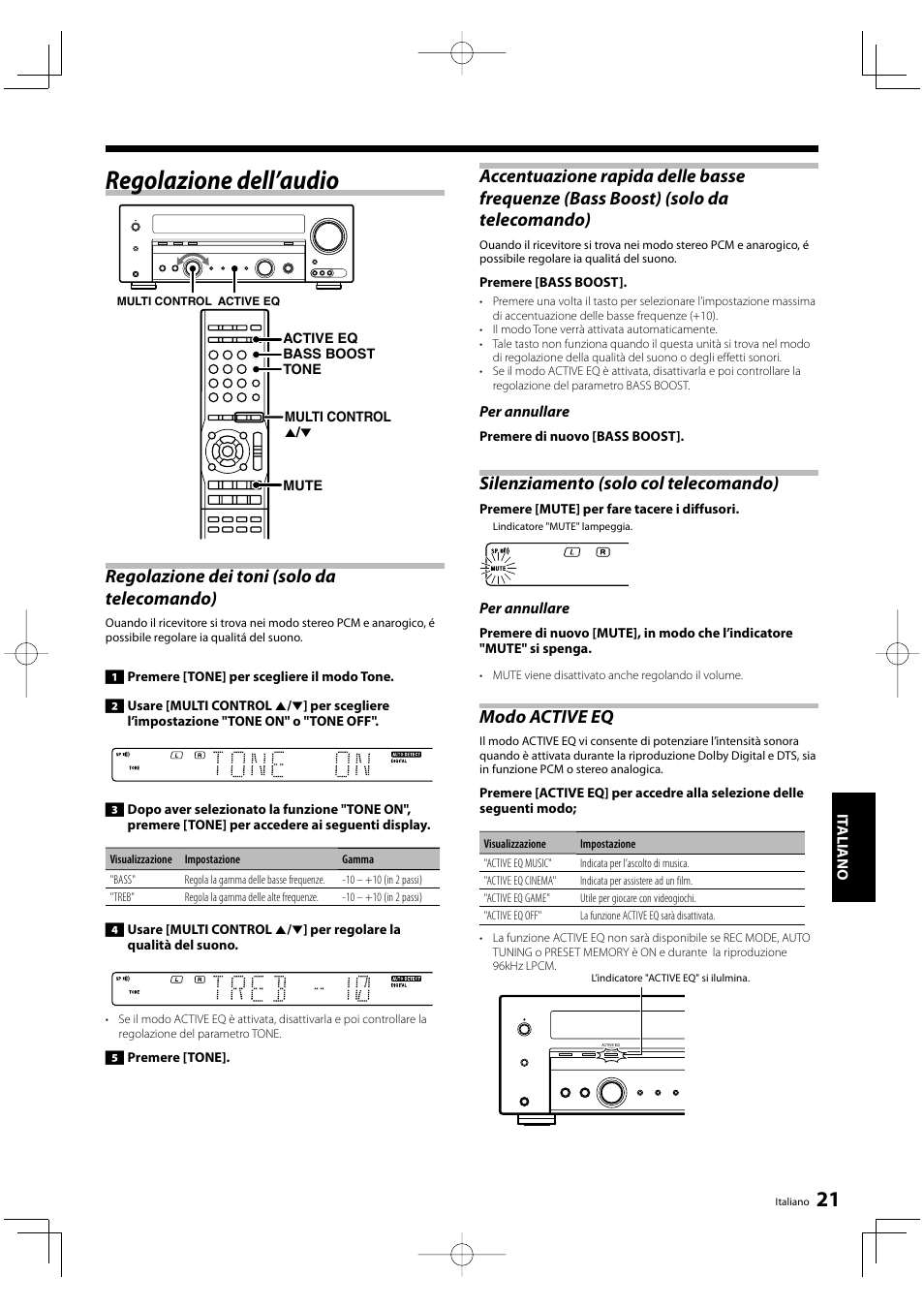 Regolazione dell’audio, Silenziamento (solo col telecomando), Modo active eq | Kenwood KRF-V5200D User Manual | Page 135 / 192