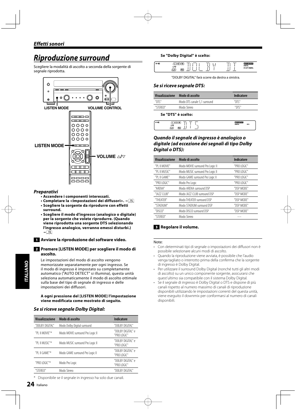 Riproduzione surround, Effetti sonori, It aliano | Preparativi, Se si riceve segnale dolby digital, Se si riceve segnale dts | Kenwood KRF-V5200D User Manual | Page 138 / 192