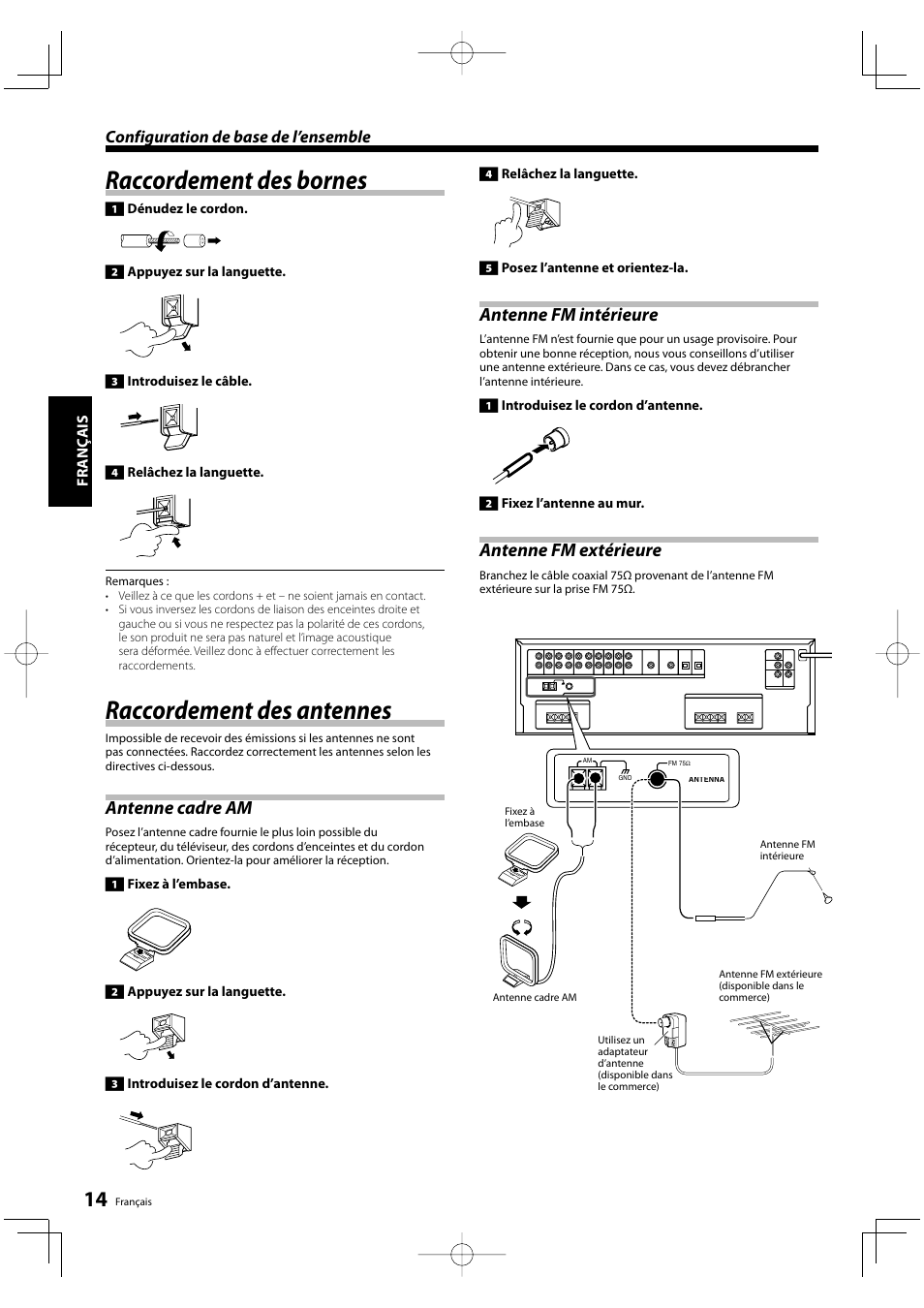 Raccordement des bornes, Raccordement des antennes, Antenne cadre am | Antenne fm intérieure, Antenne fm extérieure, Configuration de base de l’ensemble | Kenwood KRF-V5200D User Manual | Page 14 / 192