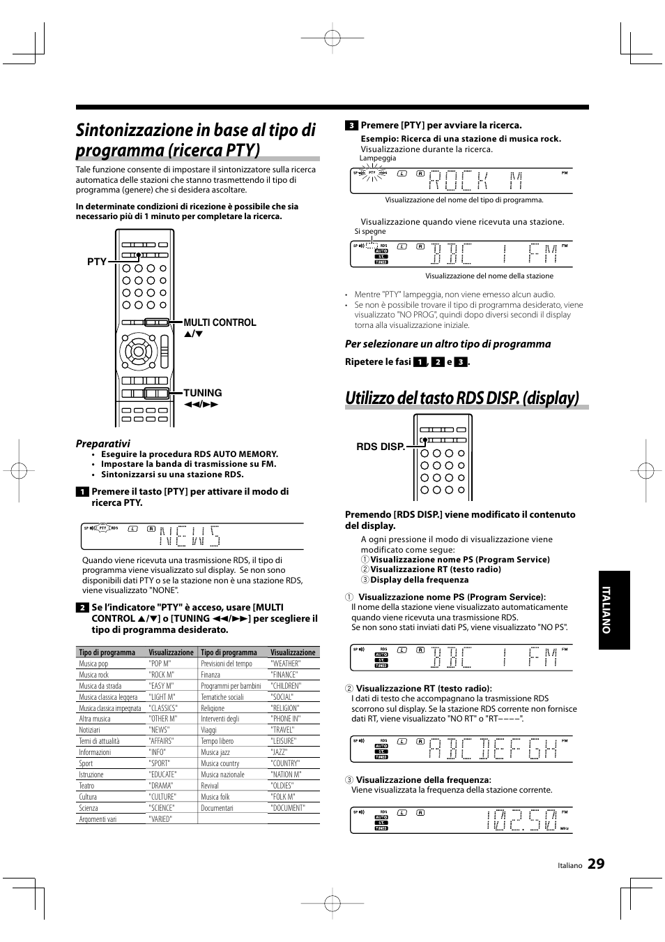 Utilizzo del tasto rds disp. (display), It aliano, Preparativi | Per selezionare un altro tipo di programma | Kenwood KRF-V5200D User Manual | Page 143 / 192