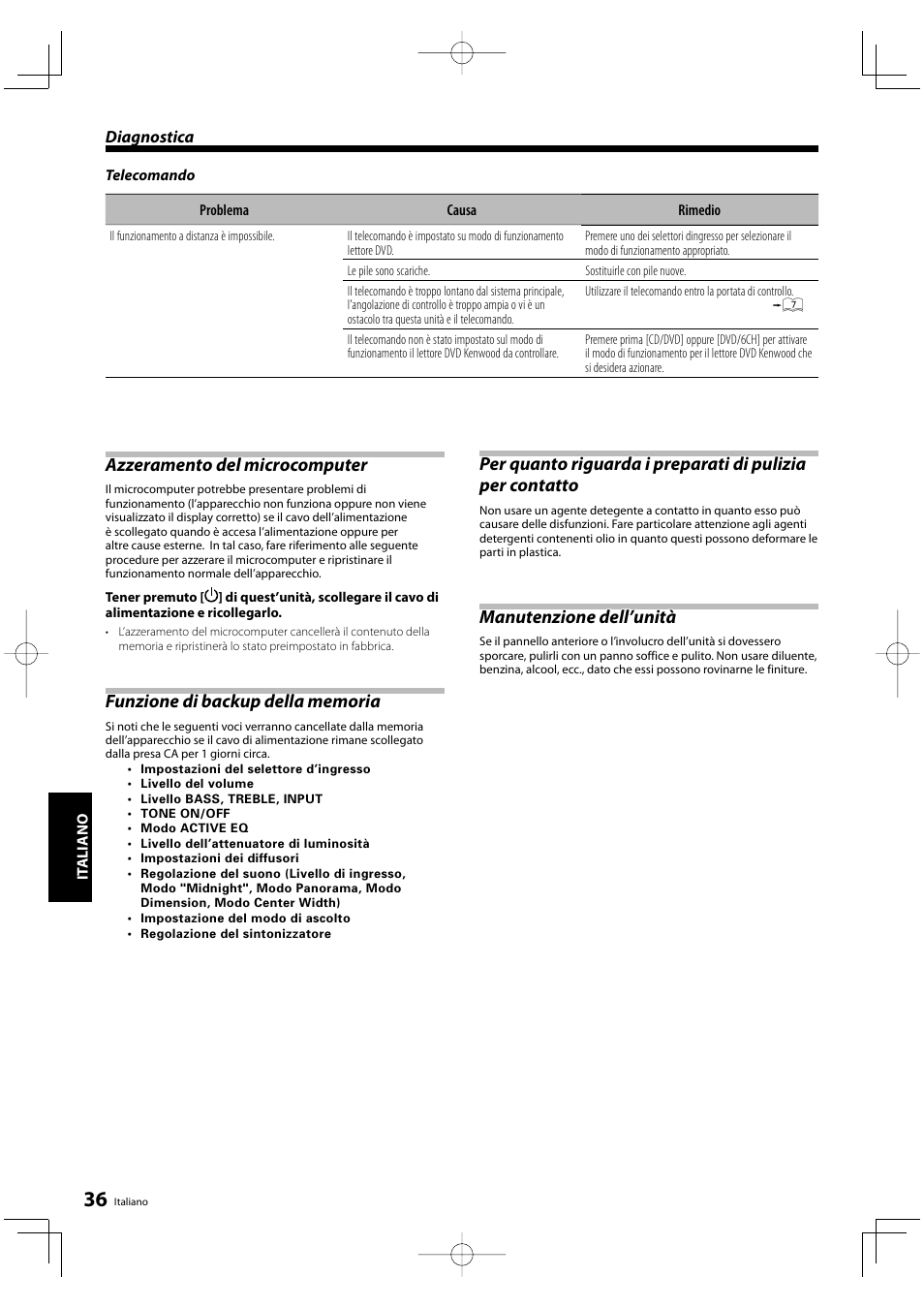 Azzeramento del microcomputer, Manutenzione dell’unità | Kenwood KRF-V5200D User Manual | Page 150 / 192