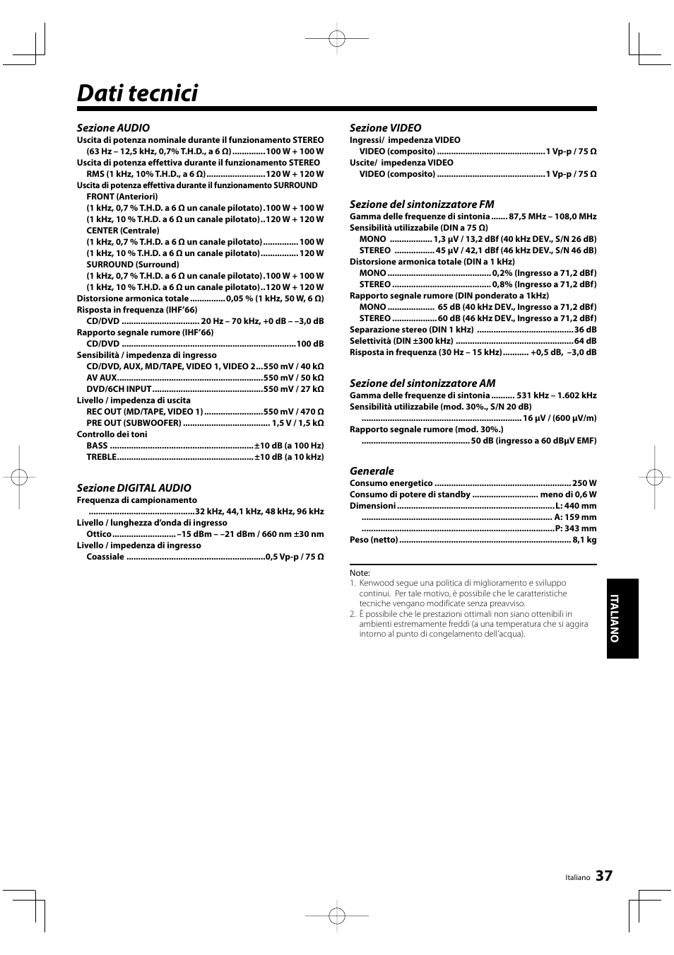 Dati tecnici | Kenwood KRF-V5200D User Manual | Page 151 / 192