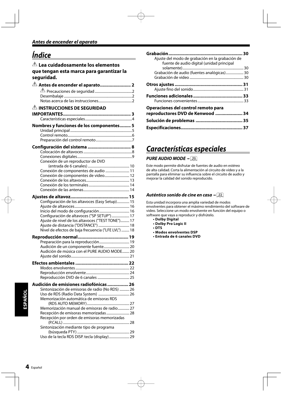 Índice, Características especiales | Kenwood KRF-V5200D User Manual | Page 156 / 192