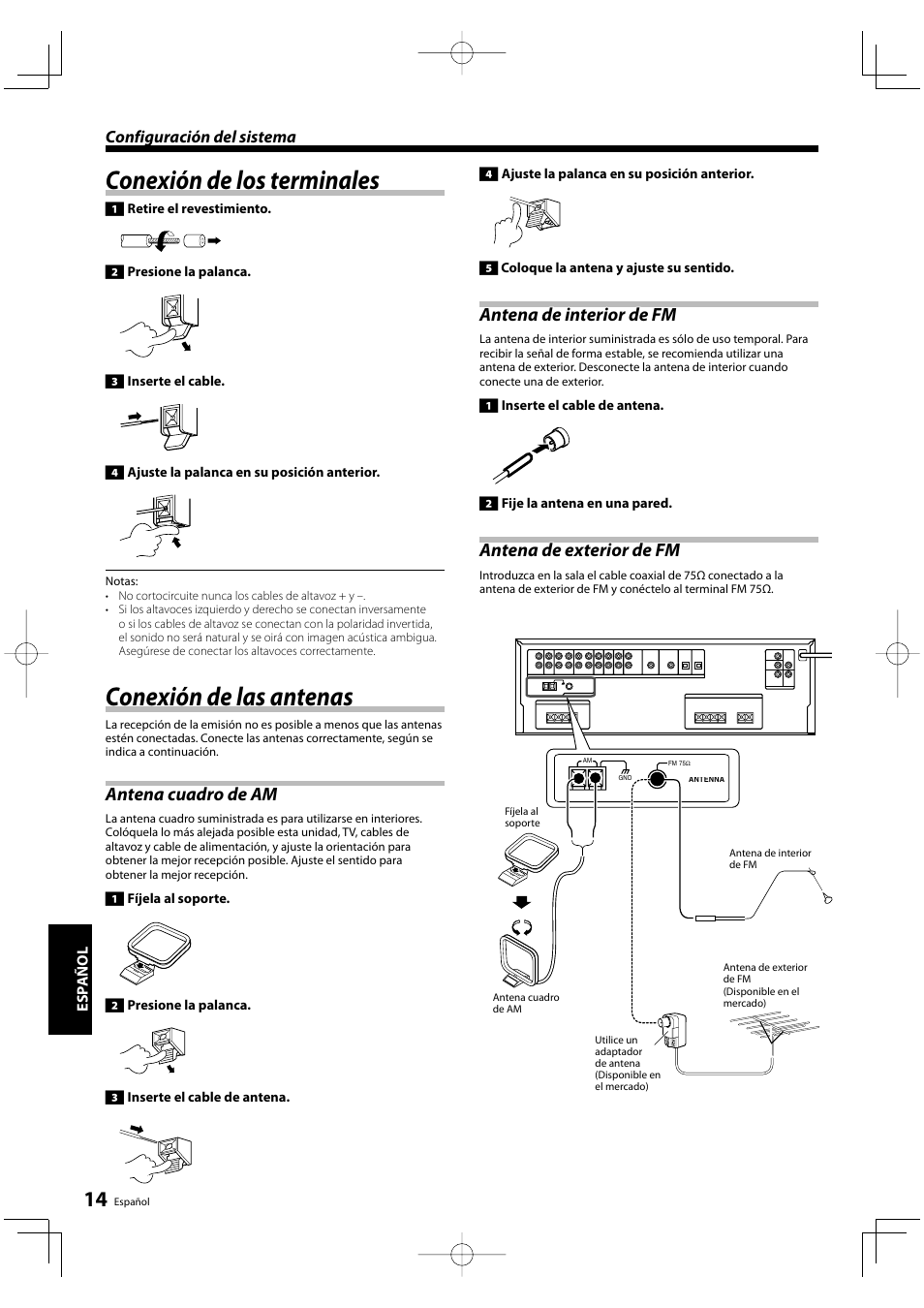 Conexión de los terminales, Conexión de las antenas, Antena cuadro de am | Antena de interior de fm, Antena de exterior de fm, Configuración del sistema | Kenwood KRF-V5200D User Manual | Page 166 / 192