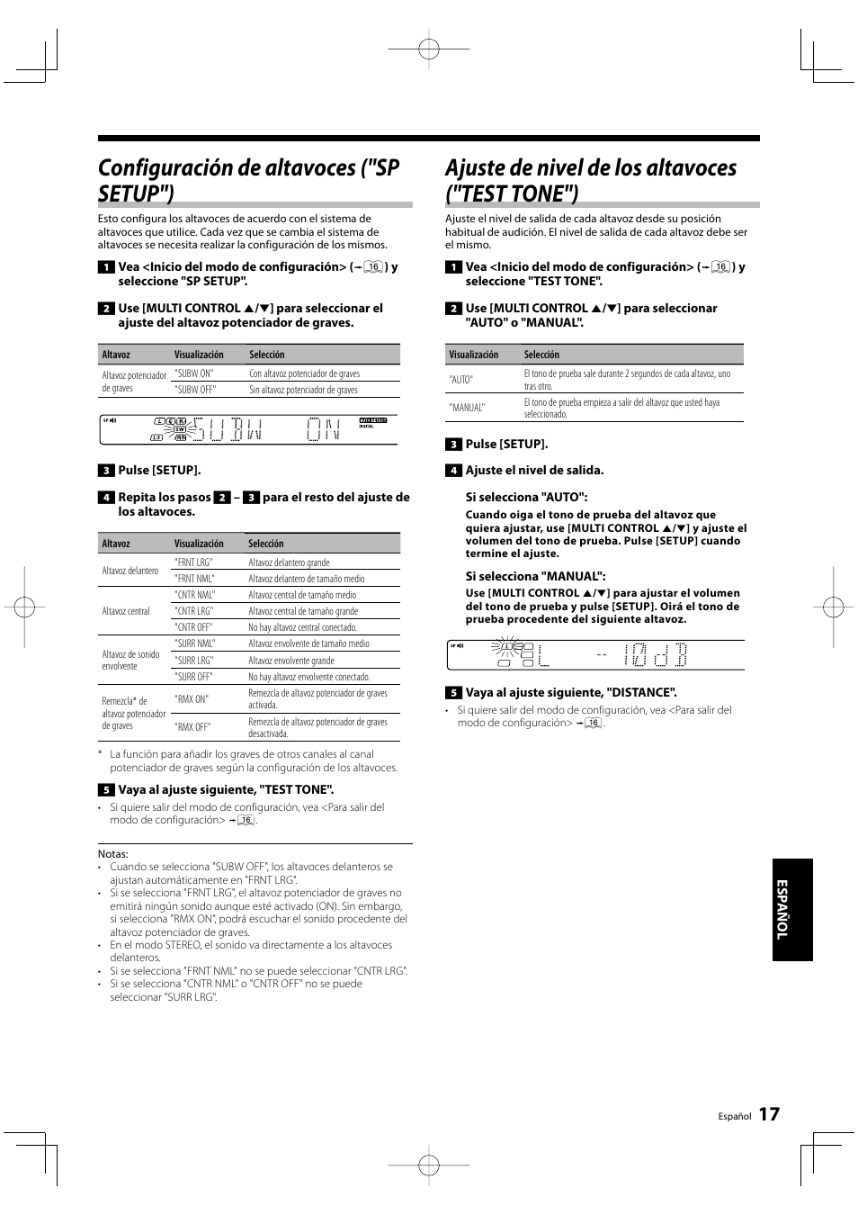 Configuración de altavoces ("sp setup"), Ajuste de nivel de los altavoces ("test tone") | Kenwood KRF-V5200D User Manual | Page 169 / 192