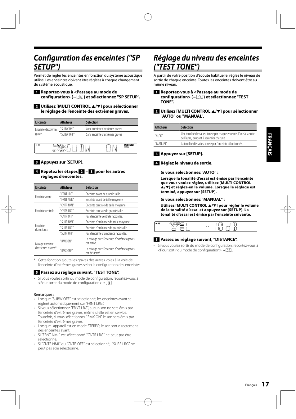 Configuration des enceintes ("sp setup"), Réglage du niveau des enceintes ("test tone") | Kenwood KRF-V5200D User Manual | Page 17 / 192