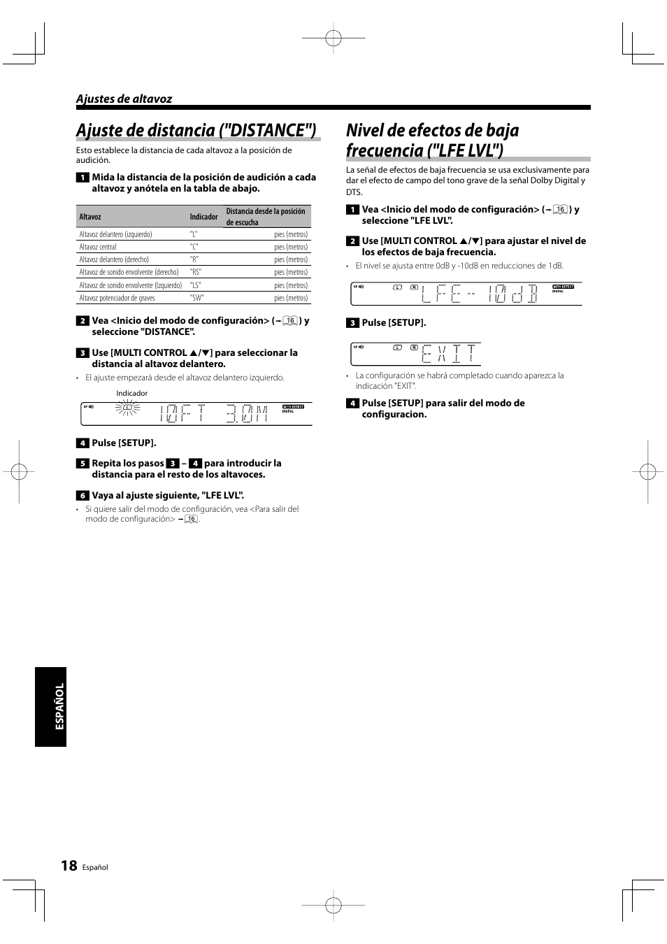 Ajuste de distancia ("distance"), Nivel de efectos de baja frecuencia ("lfe lvl"), Ajustes de altavoz | Kenwood KRF-V5200D User Manual | Page 170 / 192