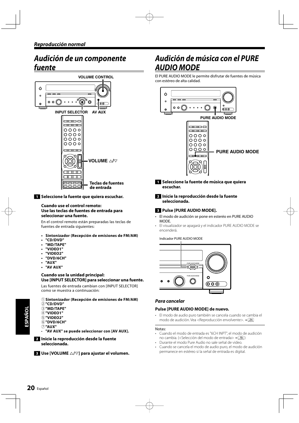 Audición de un componente fuente, Audición de música con el pure audio mode, Reproducción normal | Kenwood KRF-V5200D User Manual | Page 172 / 192