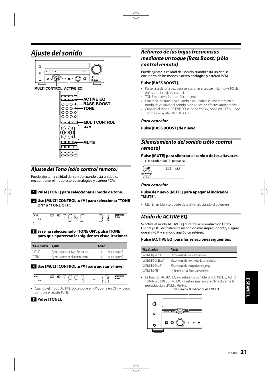 Ajuste del sonido, Ajuste del tono (sólo control remoto), Modo de active eq | Kenwood KRF-V5200D User Manual | Page 173 / 192