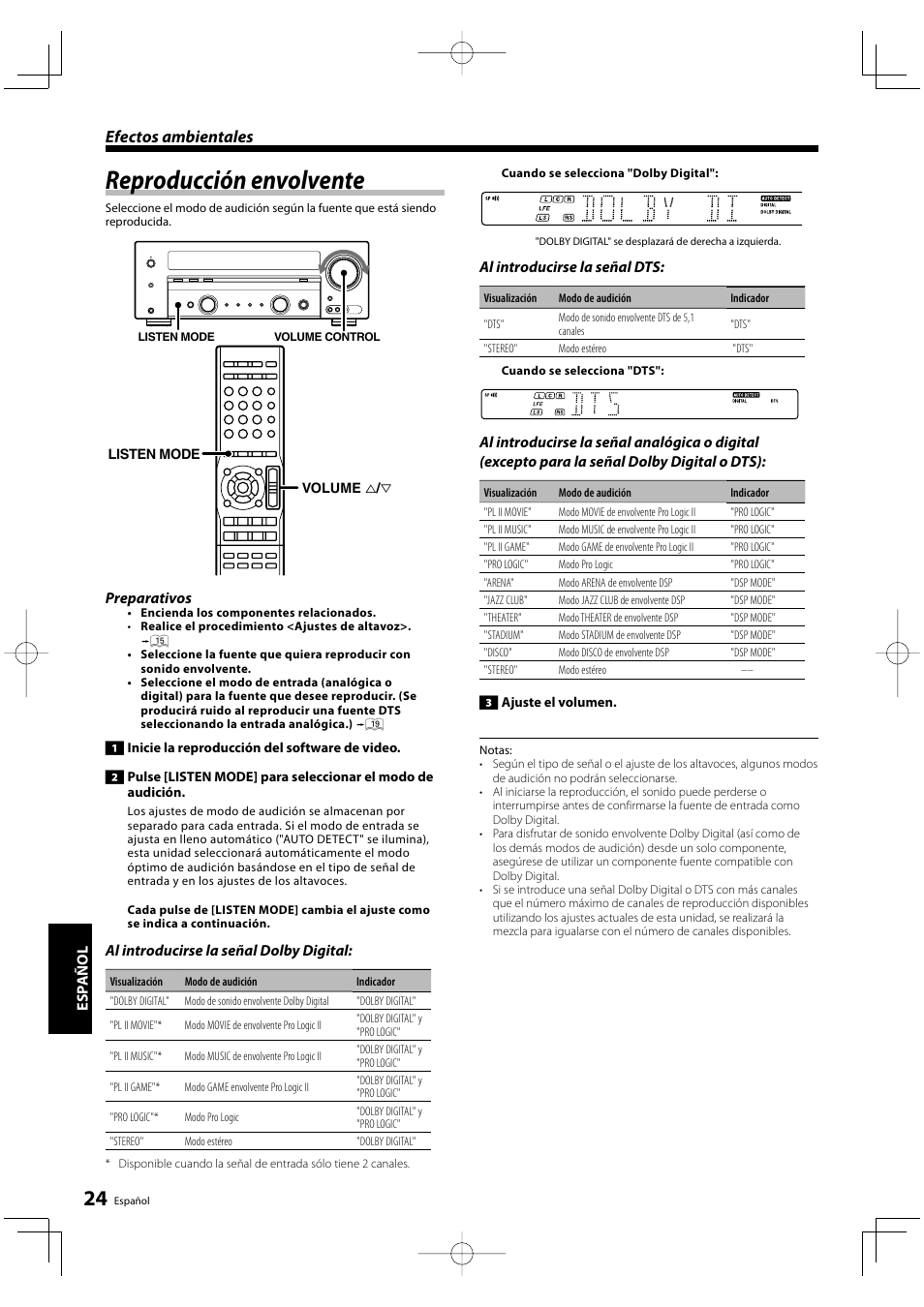 Reproducción envolvente, Efectos ambientales, Esp añol | Preparativos, Al introducirse la señal dolby digital, Al introducirse la señal dts | Kenwood KRF-V5200D User Manual | Page 176 / 192