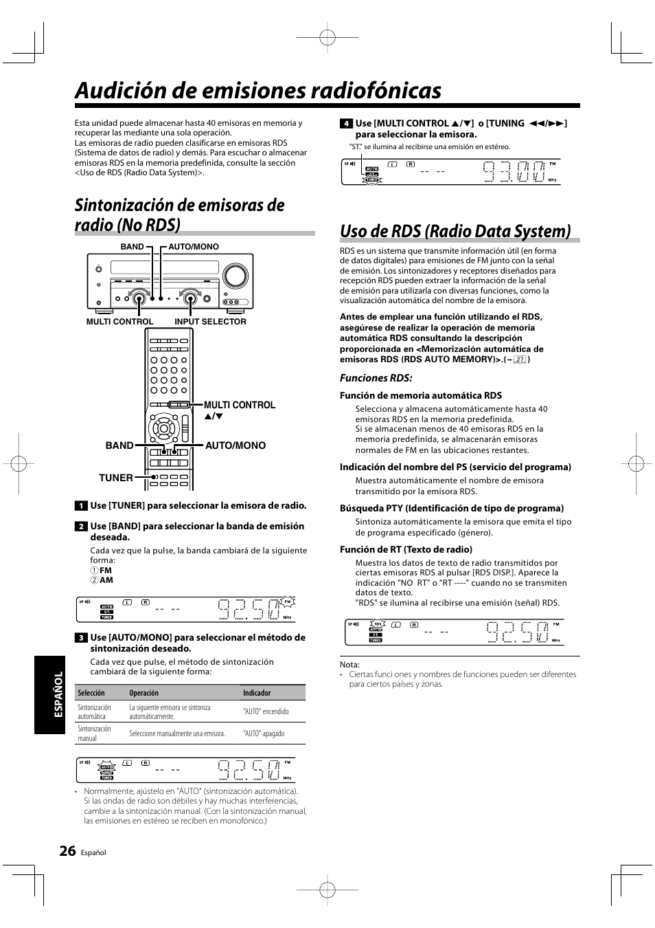 Audición de emisiones radiofónicas, Sintonización de emisoras de radio (no rds), Uso de rds (radio data system) | Kenwood KRF-V5200D User Manual | Page 178 / 192