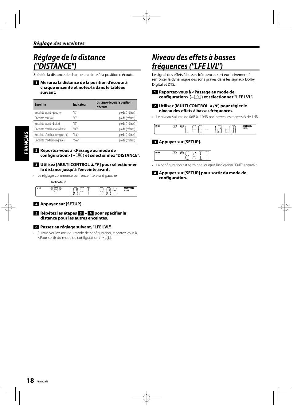 Réglage de la distance ("distance"), Niveau des effets à basses fréquences ("lfe lvl"), Réglage des enceintes | Kenwood KRF-V5200D User Manual | Page 18 / 192