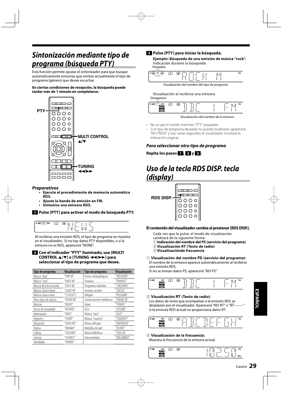 Uso de la tecla rds disp. tecla (display), Esp añol, Preparativos | Para seleccionar otro tipo de programa | Kenwood KRF-V5200D User Manual | Page 181 / 192