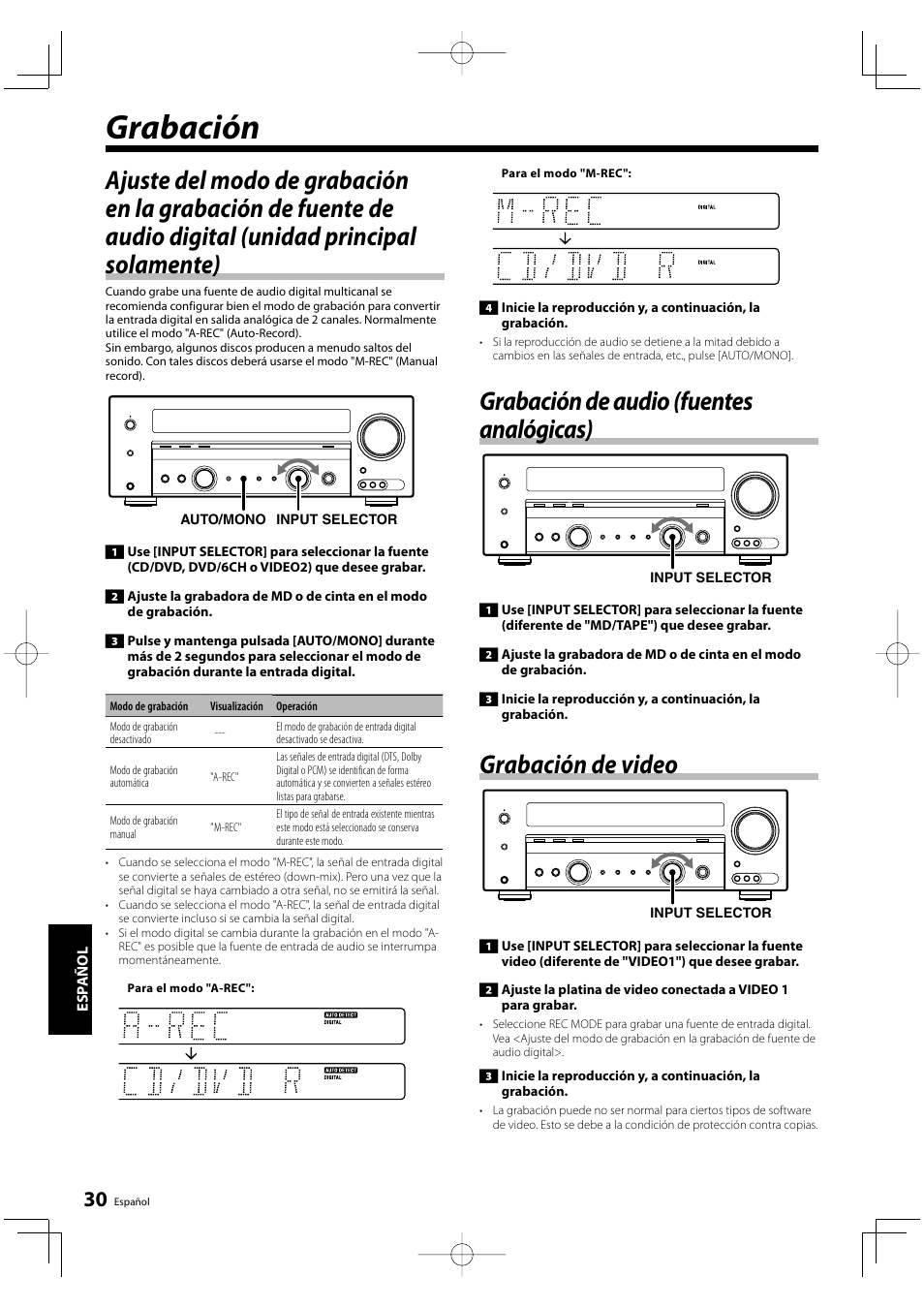 Grabación, Grabación de audio (fuentes analógicas), Grabación de video | Kenwood KRF-V5200D User Manual | Page 182 / 192