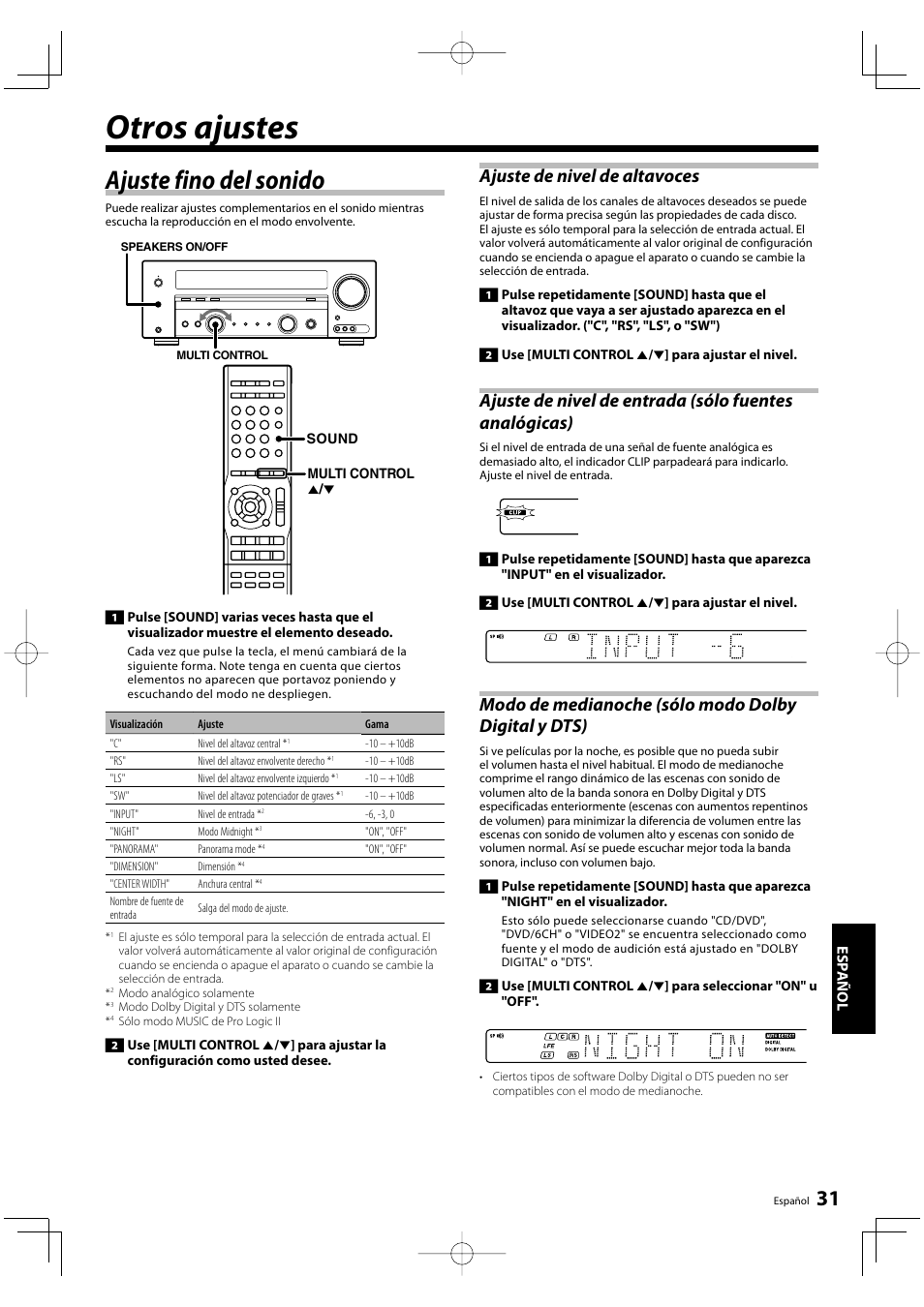 Otros ajustes, Ajuste fino del sonido, Ajuste de nivel de altavoces | Kenwood KRF-V5200D User Manual | Page 183 / 192