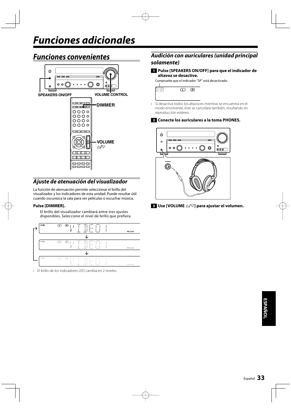 Funciones adicionales, Funciones convenientes, Ajuste de atenuación del visualizador | Kenwood KRF-V5200D User Manual | Page 185 / 192