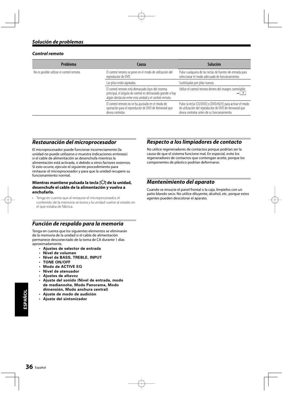 Restauración del microprocesador, Respecto a los limpiadores de contacto, Mantenimiento del aparato | Kenwood KRF-V5200D User Manual | Page 188 / 192