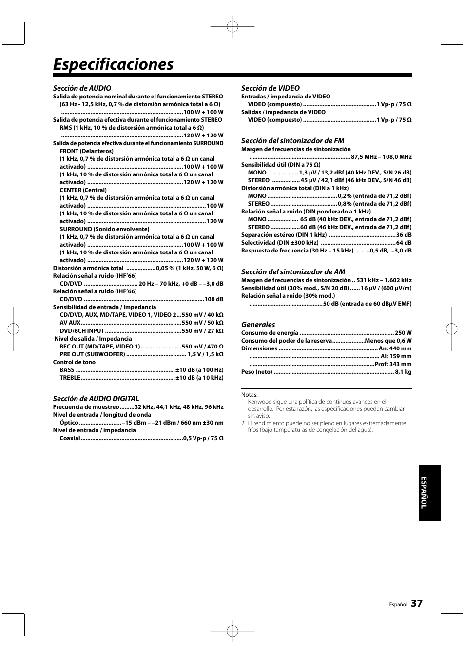 Especificaciones | Kenwood KRF-V5200D User Manual | Page 189 / 192