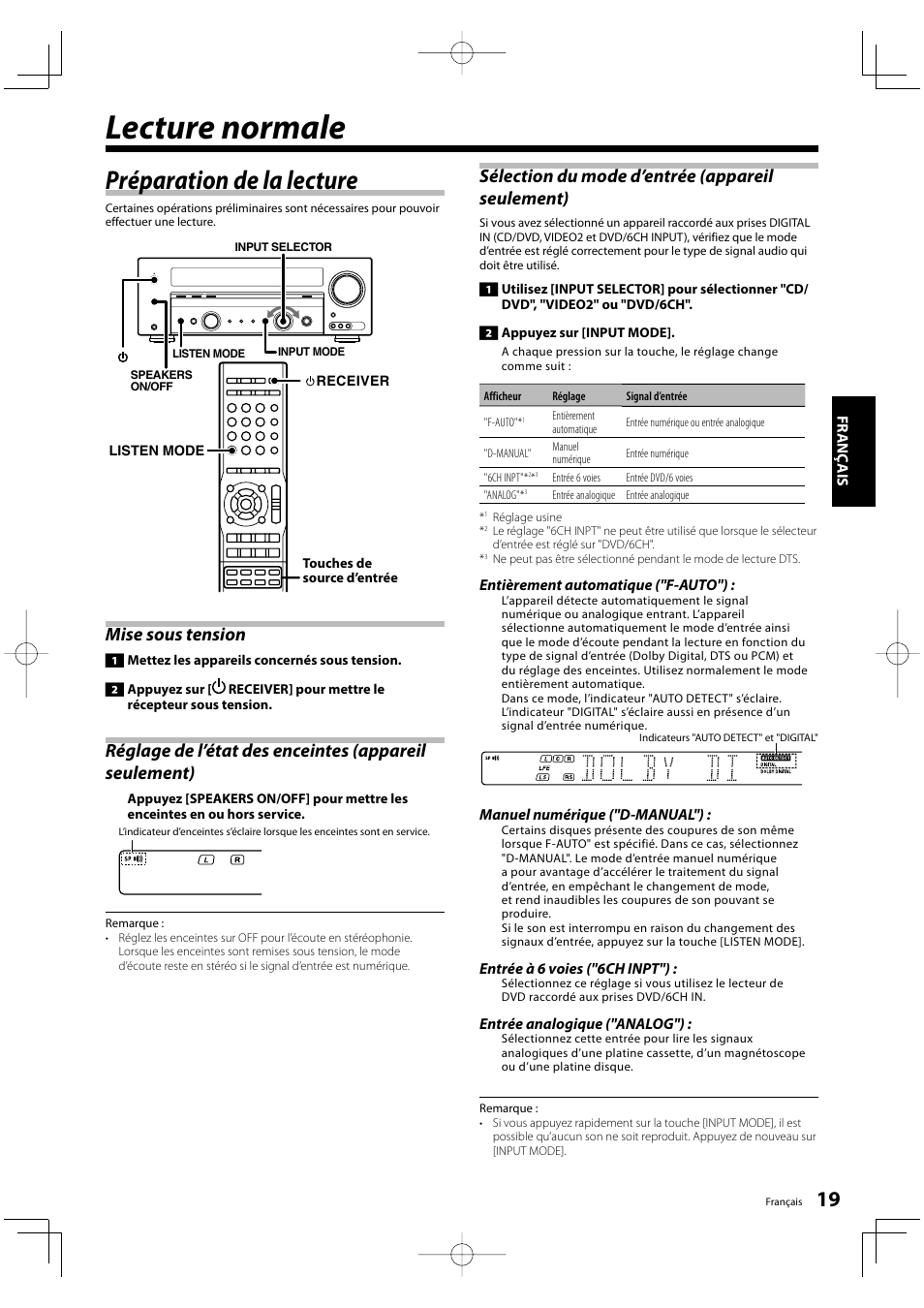 Lecture normale, Préparation de la lecture, Mise sous tension | Kenwood KRF-V5200D User Manual | Page 19 / 192