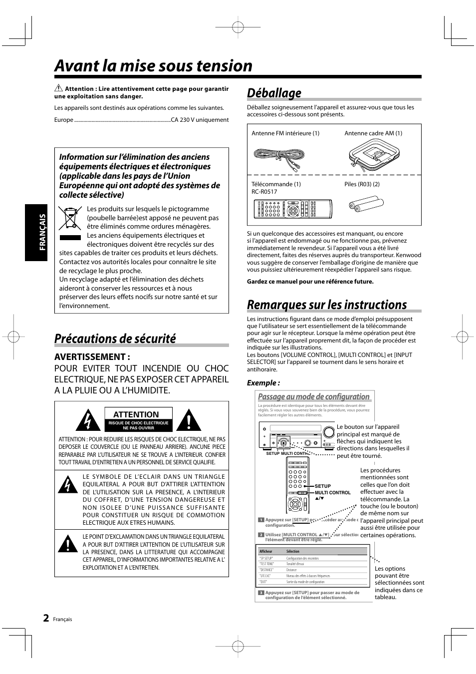 Avant la mise sous tension, Déballage, Remarques sur les instructions | Précautions de sécurité, Passage au mode de configuration, Fr anç ais, Exemple, Attention | Kenwood KRF-V5200D User Manual | Page 2 / 192