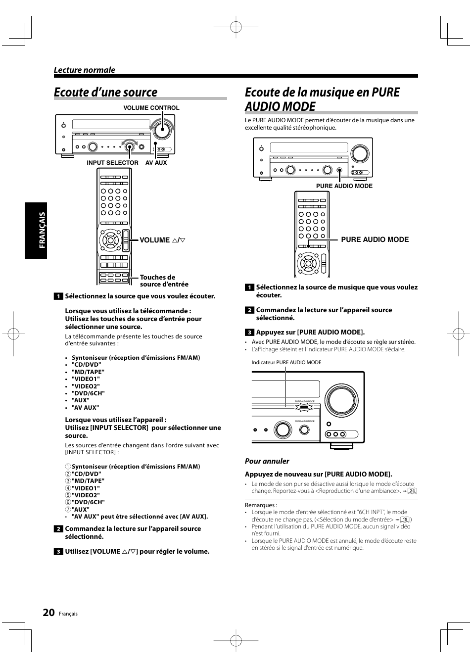 Ecoute d’une source, Ecoute de la musique en pure audio mode, Lecture normale | Kenwood KRF-V5200D User Manual | Page 20 / 192