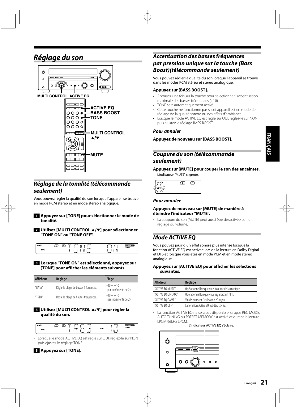 Réglage du son, Mode active eq | Kenwood KRF-V5200D User Manual | Page 21 / 192