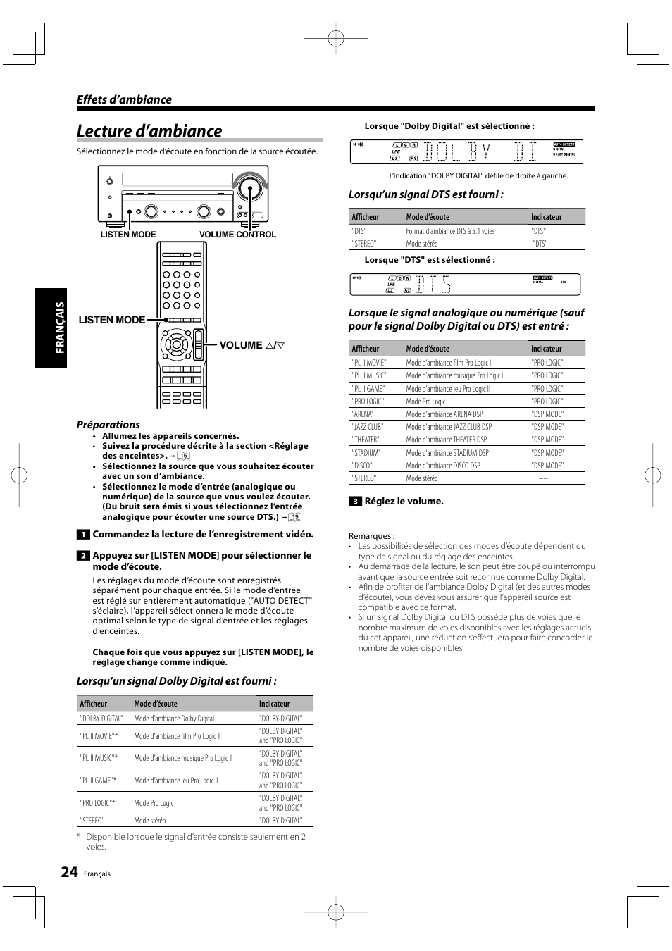 Lecture d’ambiance, Effets d’ambiance, Fr anç ais | Préparations, Lorsqu’un signal dolby digital est fourni, Lorsqu’un signal dts est fourni | Kenwood KRF-V5200D User Manual | Page 24 / 192