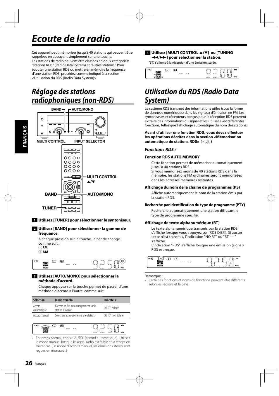 Ecoute de la radio, Réglage des stations radiophoniques (non-rds), Utilisation du rds (radio data system) | Kenwood KRF-V5200D User Manual | Page 26 / 192