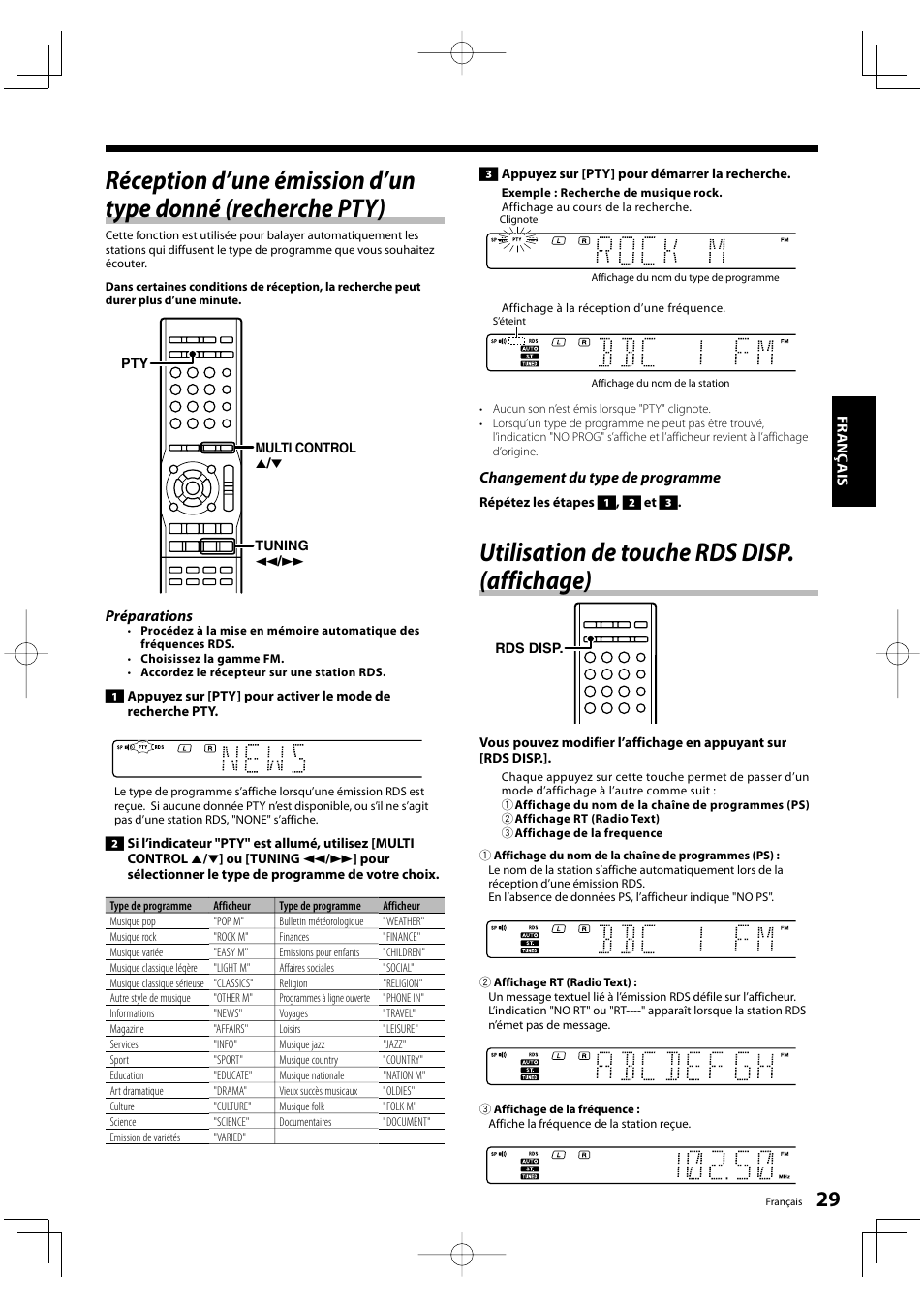 Utilisation de touche rds disp. (affichage), Fr anç ais, Préparations | Changement du type de programme | Kenwood KRF-V5200D User Manual | Page 29 / 192