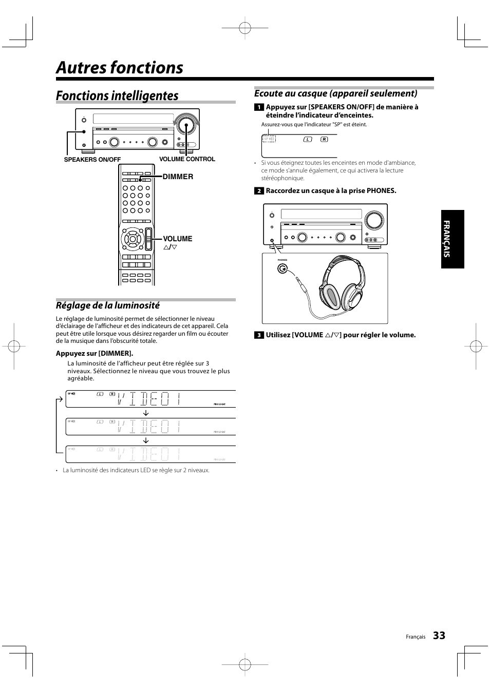 Autres fonctions, Fonctions intelligentes, Réglage de la luminosité | Ecoute au casque (appareil seulement) | Kenwood KRF-V5200D User Manual | Page 33 / 192