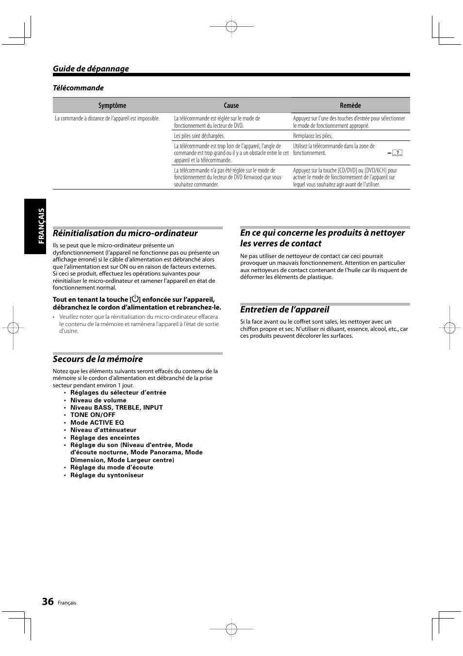 Réinitialisation du micro-ordinateur, Secours de la mémoire, Entretien de l’appareil | Kenwood KRF-V5200D User Manual | Page 36 / 192