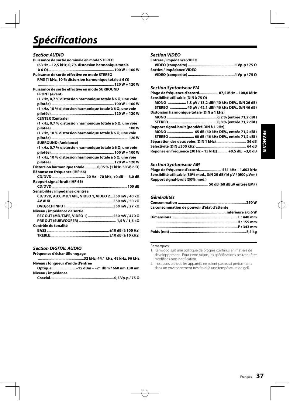 Spécifications | Kenwood KRF-V5200D User Manual | Page 37 / 192