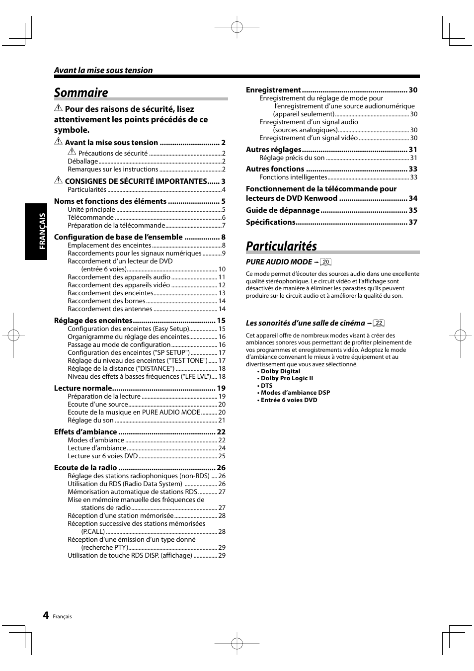 Sommaire, Particularités | Kenwood KRF-V5200D User Manual | Page 4 / 192