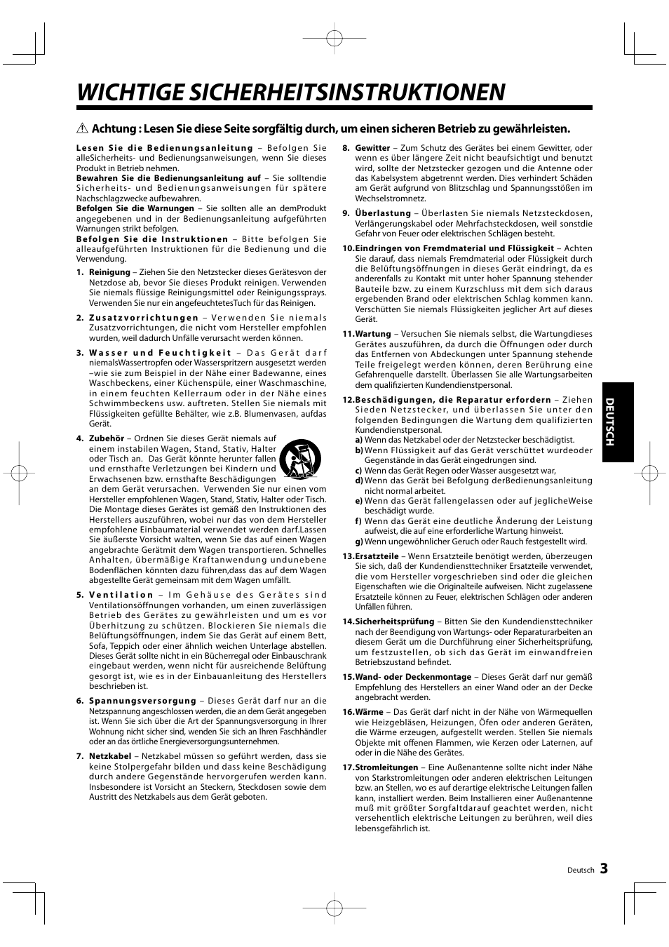 Wichtige sicherheitsinstruktionen | Kenwood KRF-V5200D User Manual | Page 41 / 192