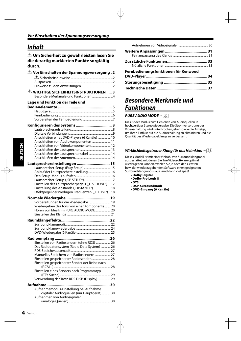 Inhalt, Besondere merkmale und funktionen | Kenwood KRF-V5200D User Manual | Page 42 / 192