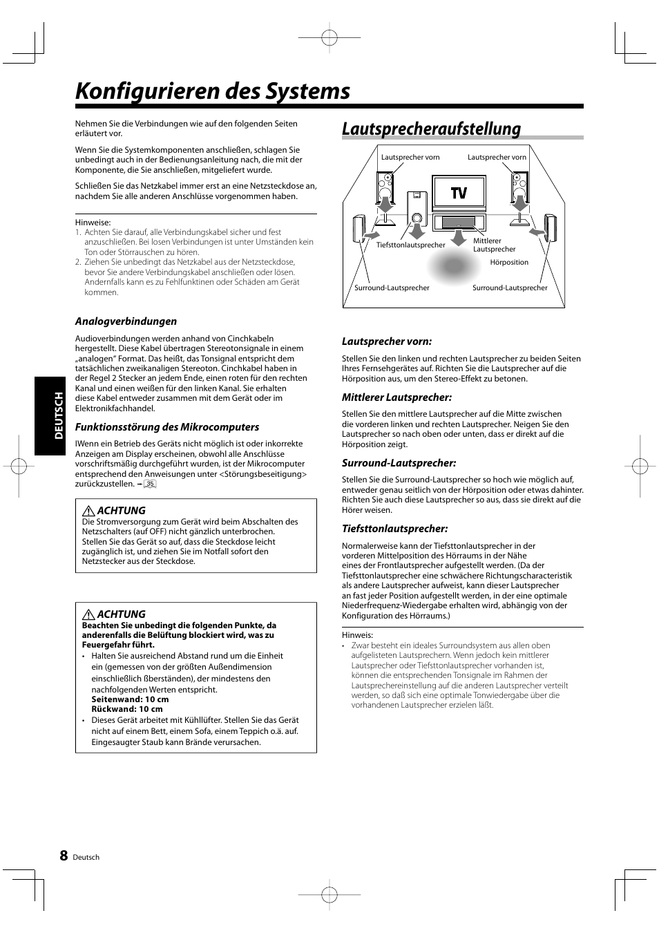 Konfigurieren des systems, Lautsprecheraufstellung | Kenwood KRF-V5200D User Manual | Page 46 / 192