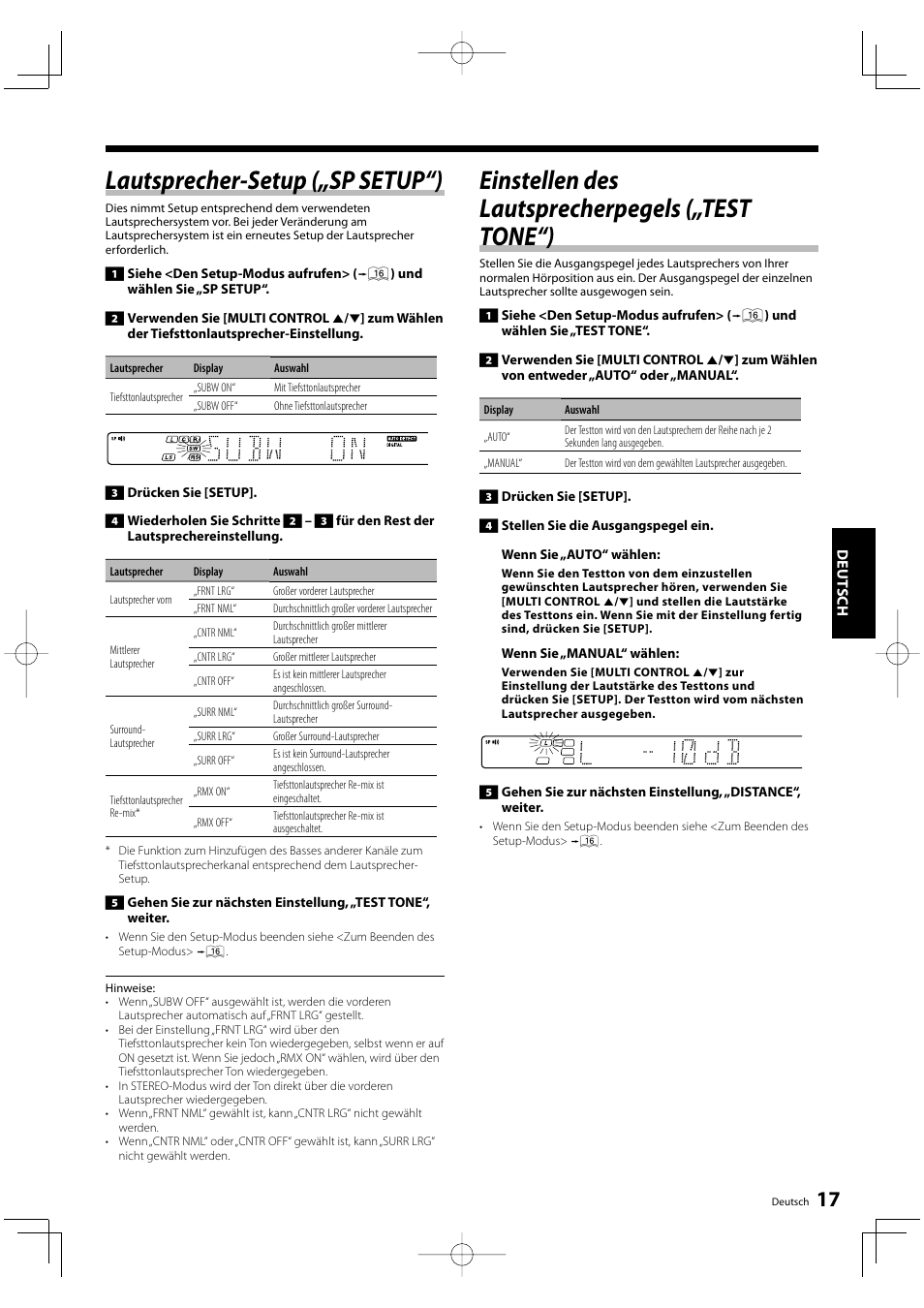 Lautsprecher-setup („sp setup“), Einstellen des lautsprecherpegels („test tone“) | Kenwood KRF-V5200D User Manual | Page 55 / 192