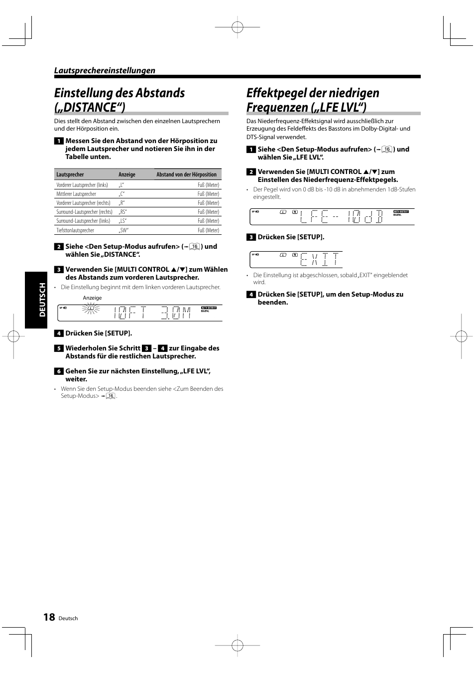 Einstellung des abstands („distance“), Effektpegel der niedrigen frequenzen („lfe lvl“), Lautsprechereinstellungen | Kenwood KRF-V5200D User Manual | Page 56 / 192